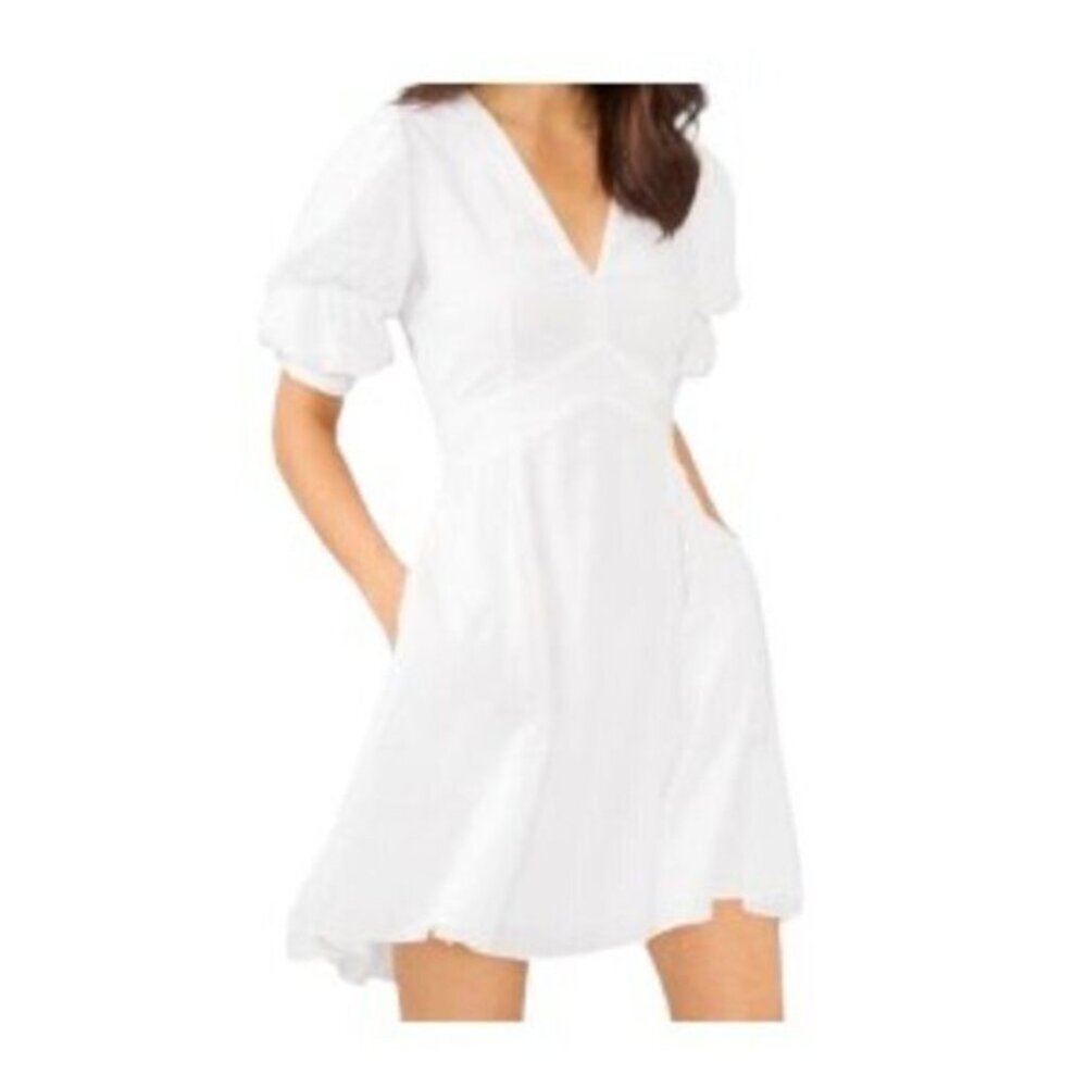 1.State Bubble Sleeve V-neck Dress in Ultra White Large NWT